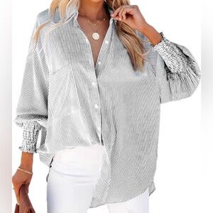 Women's Smocked Cuffed Striped Long Sleeve Blouse